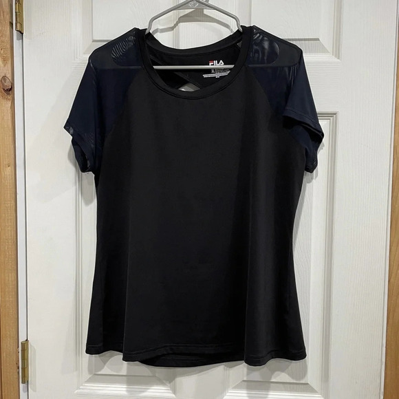 Fila Women’s XL Black Tee Shirt for Workout Yoga Pilates Mesh Sleeves Cut Out - Picture 1 of 5